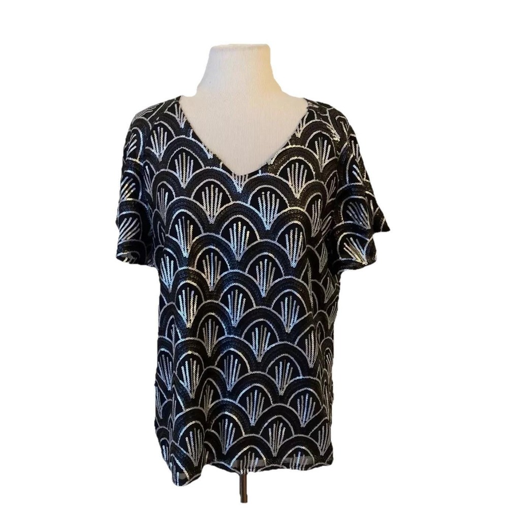 Y2k Vtg Cremieux shirt Black White Sequin Sz M Whimsigoth Grannycore - Picture 2 of 13